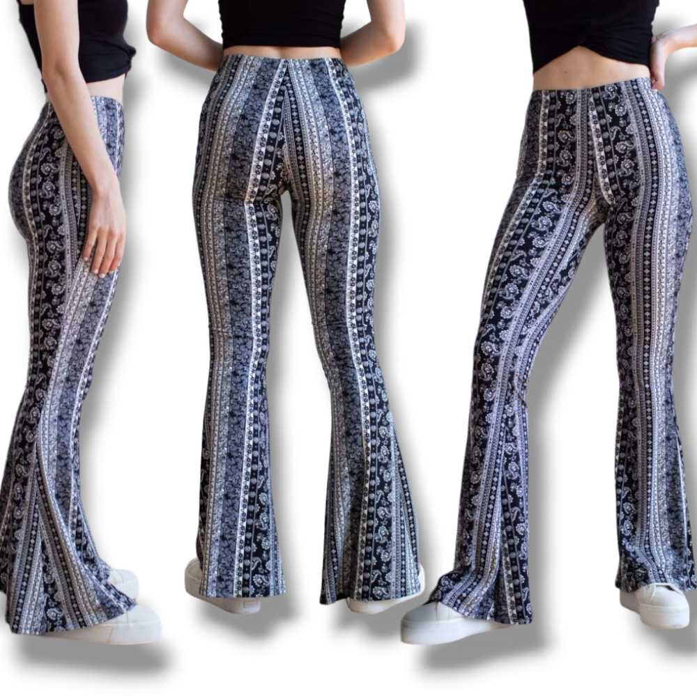 Women's Navy Allover Boho Print High Waisted Flare Leg Pants